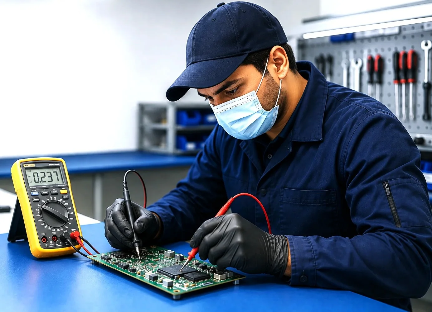 Biomedical technician testing a medical equipment circuit board with a digital multimeter in Ontario